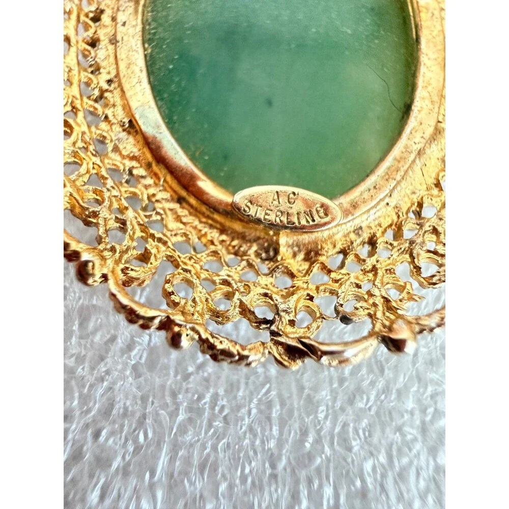 Vintage 1960s Karen Lynne Sterling Silver Gold Vermeil Green Jade Filigree Brooc